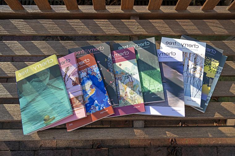 The 10 issues of the Cherry Tree literary magazine displayed on a bench
